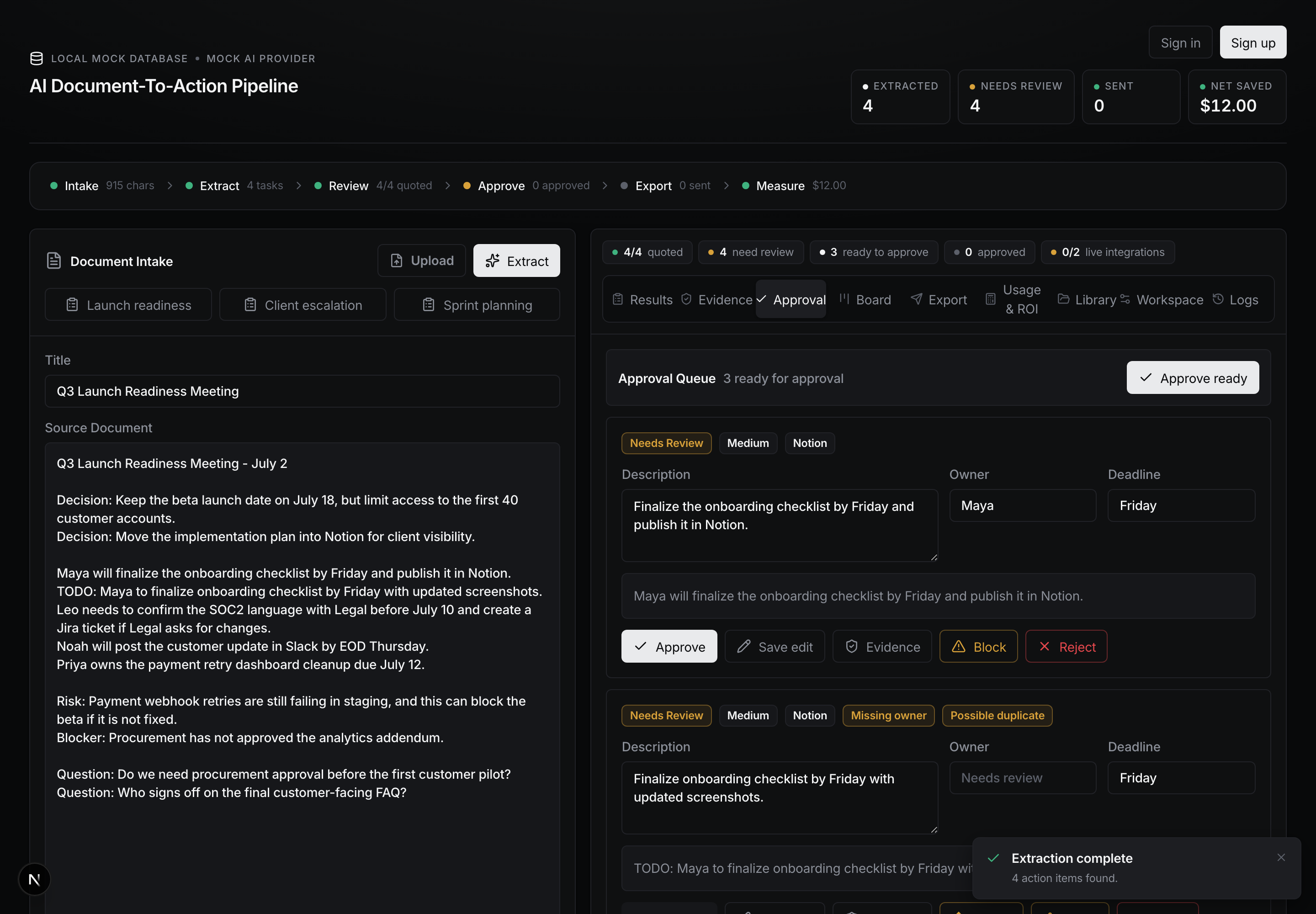 Approval queue of the Document-To-Action Pipeline: extracted tasks with evidence links, owner and deadline flags, and approve, edit, block and reject controls.