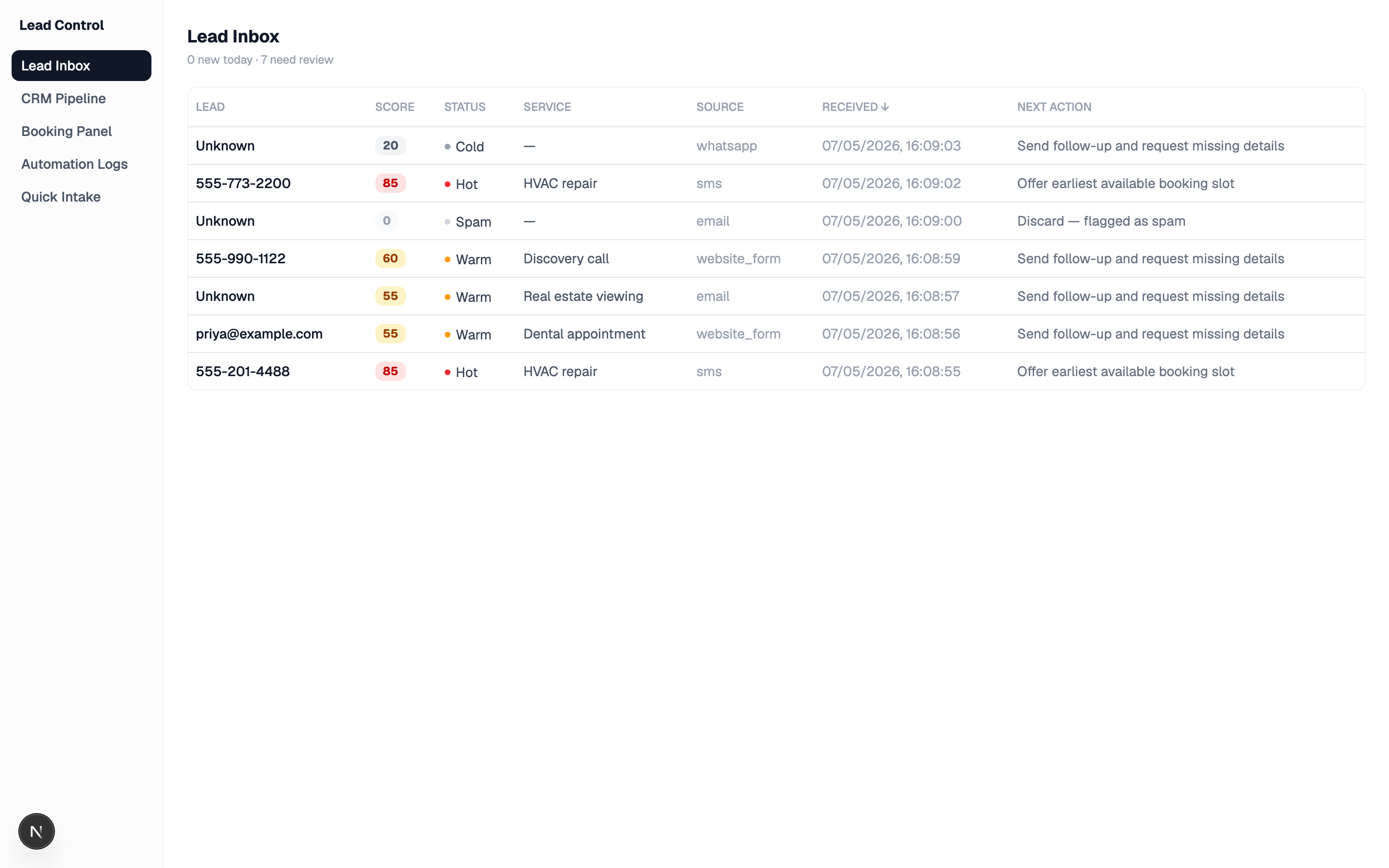 Lead inbox of the Lead Response and Booking Center: a table of inbound leads with AI scores, hot and warm status labels, service type, source and next action.