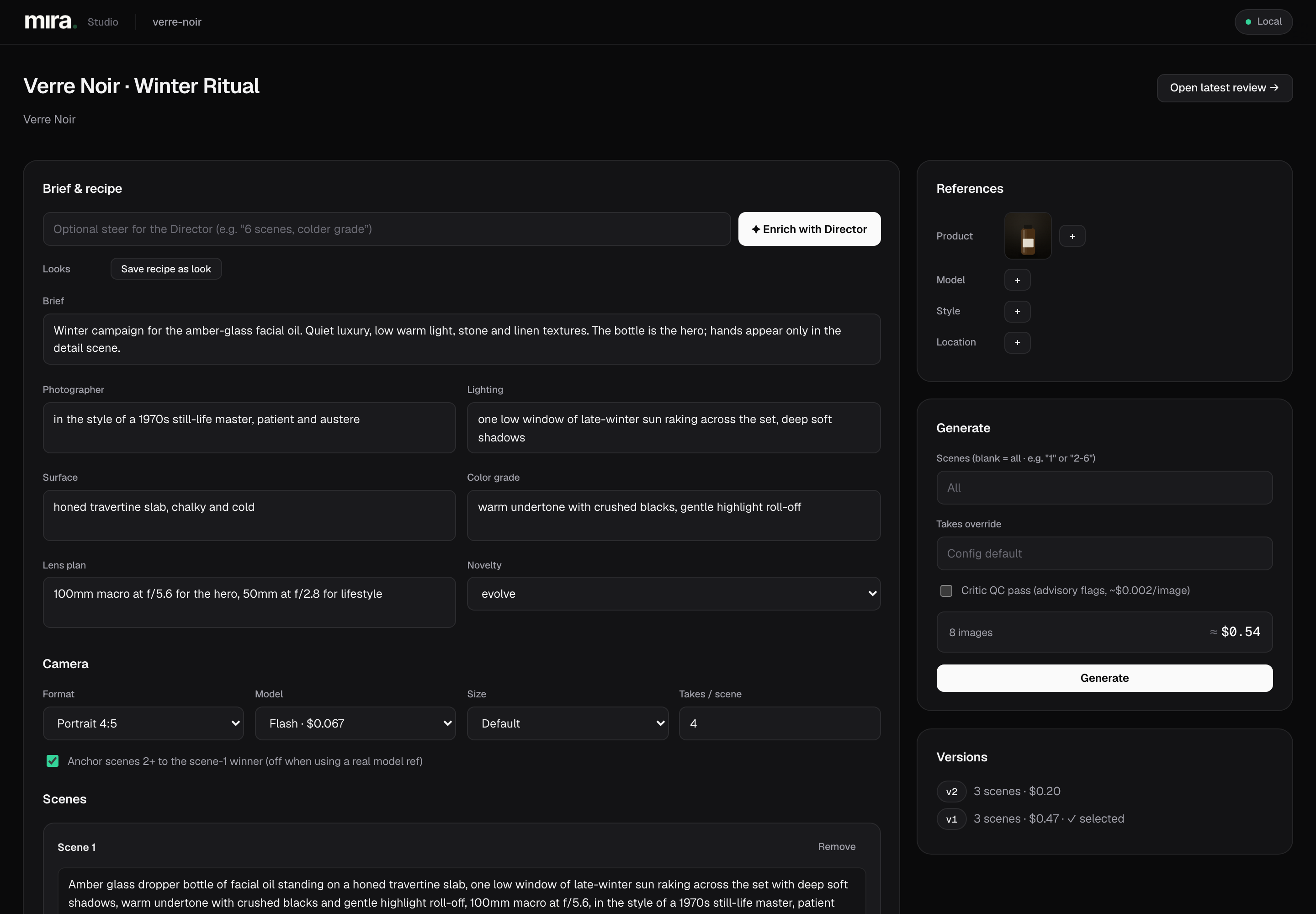 Shot-planning editor of the AI Product Photography Studio: a filled campaign brief with photographer, lighting, surface and lens fields, camera settings with per-image cost, a cost estimate before generating, and a version history with real run costs.