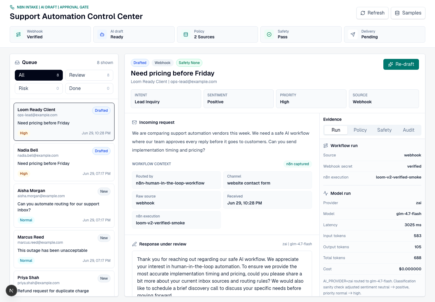 Reviewer dashboard of the AI Support Approval Desk: a ticket queue, an AI-drafted reply under review, and an evidence panel showing policy sources and model telemetry.